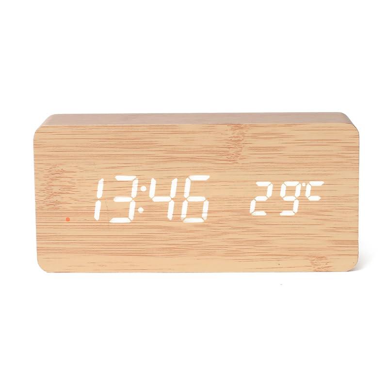 電波時計 木製置き時計 多機能 LED時間表示 大画面 デジタル目覚まし時計 アラーム機能 明るさ調整 温度・湿度表示 置き時計 木目デザイン