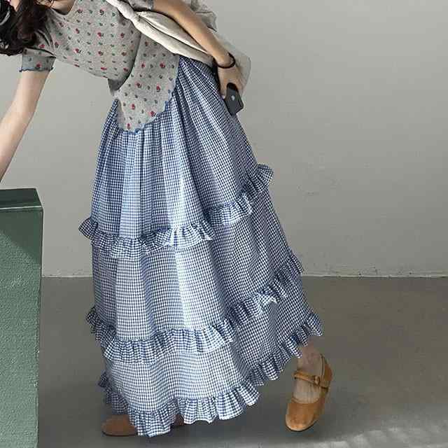 Rakuten - スカート 女性用 日韓スタイル 春夏 韓国風 復古 長め 半身スカート 蛋糕スカート 格子柄 ストライプ 切り替え ウッドイヤーエッジ コントラストカラー 伸縮性ウエスト 快適 ゆったり ブルー 軽量 普段使い 通勤用 吸湿速乾 カジュアル