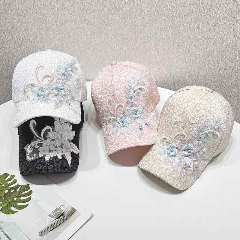 运动帽 - 春夏 女性用 棒球帽 鴨舌帽 蕾絲 花柄 透気 遮陽 薄手 軽量 ポリエステル 黒 白 ピンク ベージュ かわいい 韓風 百搭 ファッション 帽子 丸頂 曲檐 調整可能