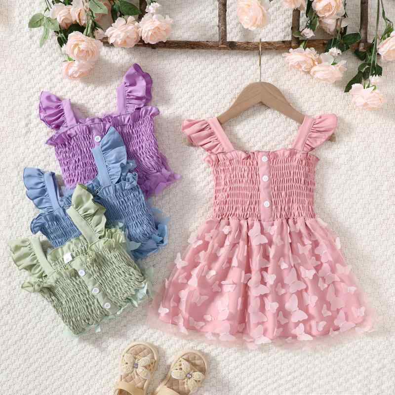 Dresses - 女児 ワンピース 吊り帯 切り替え チューブトップ レース 蝶々 プリンセス デザイン 純色 Aライン スカート 涼しい 軽量 ポリエステル 素材 春夏 かわいい 女の子 普段使い 3〜8歳 100〜140cm 対応