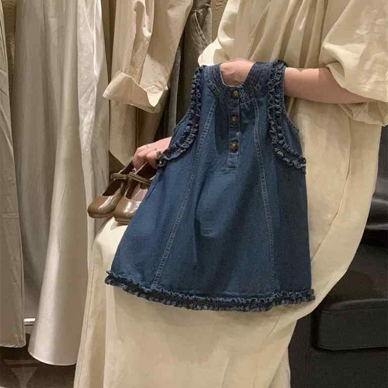女児 ワンピース 吊り帯 スカート 背心 デニム スカート 無袖 コットン 90 薄手 夏...