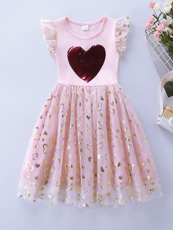 女児用 無袖 夏 ワンピース かわいい ピンク 綿 100% 甘い スタイル レース 刺繍 ハート モチーフ ビーズ 装飾 網纱 切り替え A ライン スカート 軽やか 生地 3-8 歳 向け 100-140cm 通気性 良い 普段使い 女の子 服 トッ