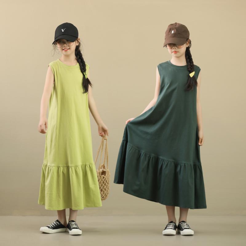 Dresses - 女児 ワンピース トップス 夏用 綿 100% ニット 無袖 ゆったり 快適 日常使い ロング丈 純色 柔らかい加工 コットン 裏地 緑 墨緑 黄緑 フレアスカート キッズ 女の子 中学生 大学生 8歳以上 140cm以上 軽量 通気性 吸湿 親子コーデ