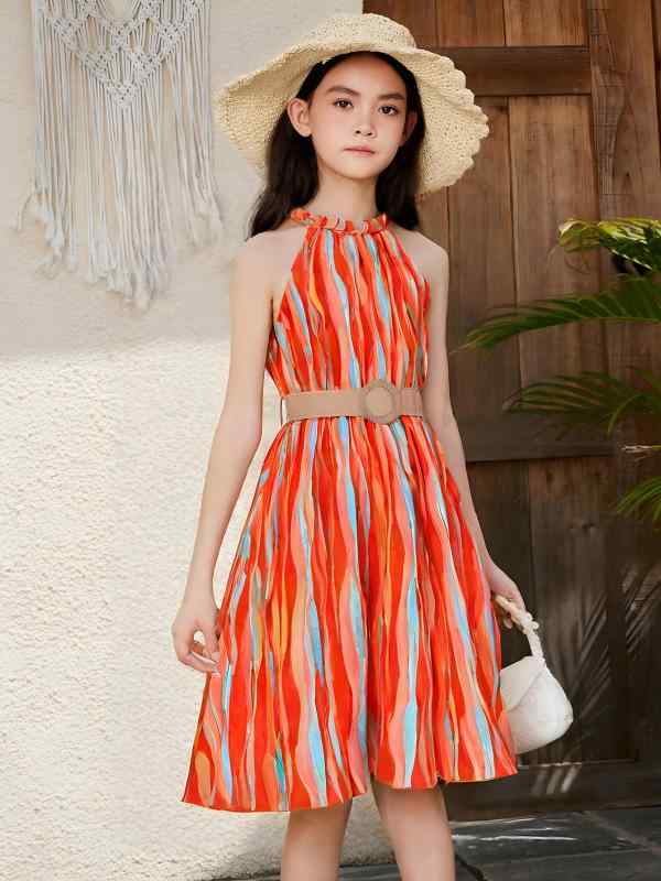 Dresses - 女の子 ワンピース 夏 レディースキッズ 丸首 ノースリーブ 吊り下げ 背心 スカート A字 プリンセス スカート ストライプ 柄 西瓜 赤 涼感 ポリエステル 100% 柔らかい 生地 通気性 軽量 8-12歳 夏服 子供服 女児 夏用 ドレス キャミ