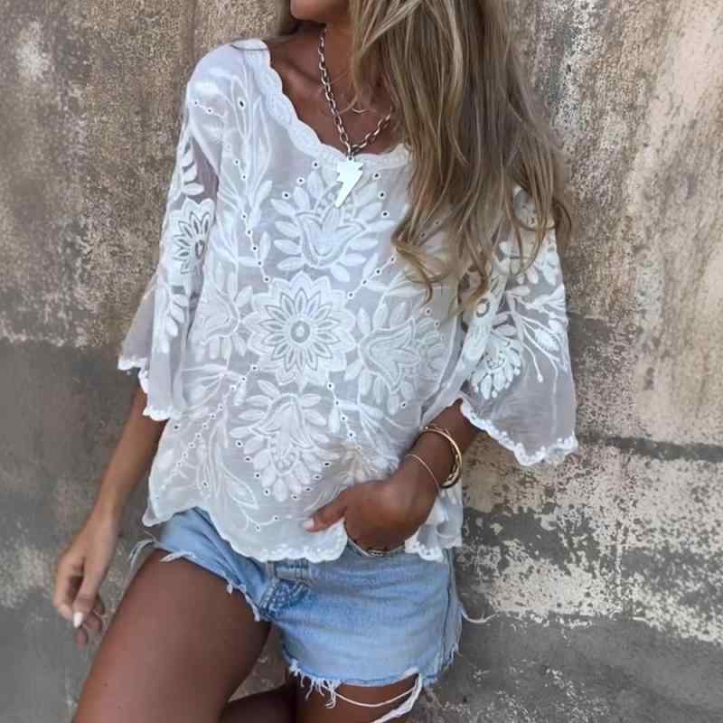 ・カテゴリ: Tシャツ・スタイル: 休闲・主な素材: ポリエステル70%〜80%・柄: 花柄・袖丈: 七分袖・衣丈: 普通・ネックライン: Vネック・版型: ゆったり・カラー展開: 白色・サイズ展開: S、M、L、XL、XXL、XXXL