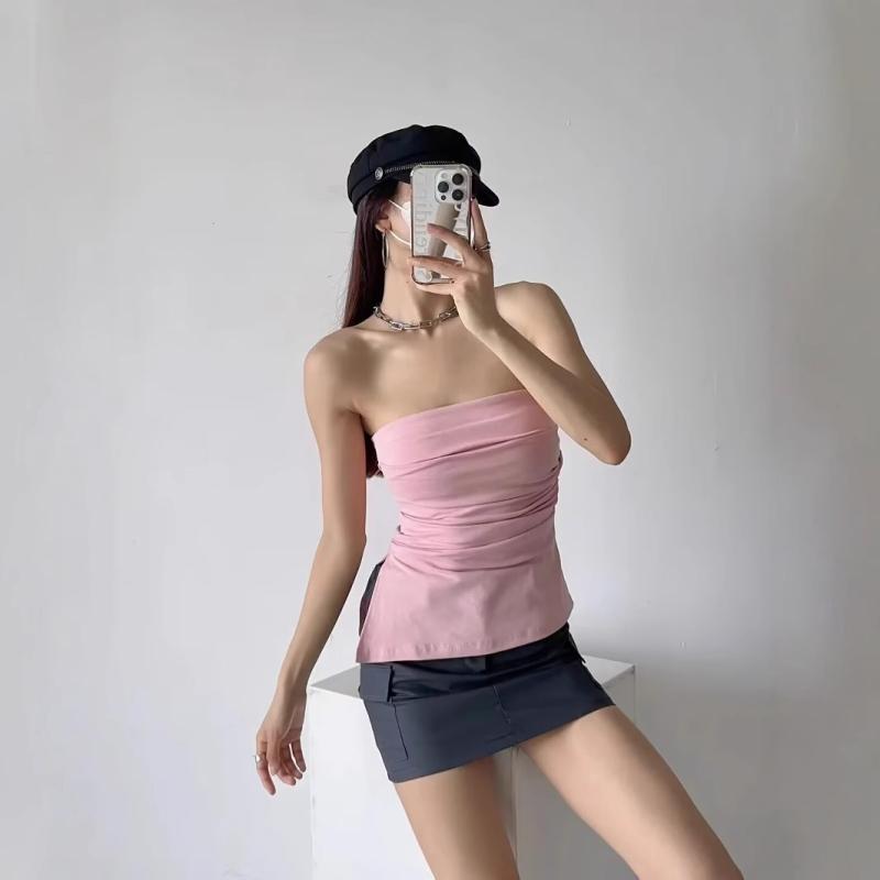 乐天商城 - レディース トップス セクシー ワンショルダー 肩出し キャミソール 春夏 プリーツ 裾 切り替え 不規則 ヘム コットン 素材 修身 フィット 短丈 伸縮性 私服 かわいい 草緑 豆緑 浅ピンク ネイビー ベージュ ミリタリーグリーン カーキ ローズピ