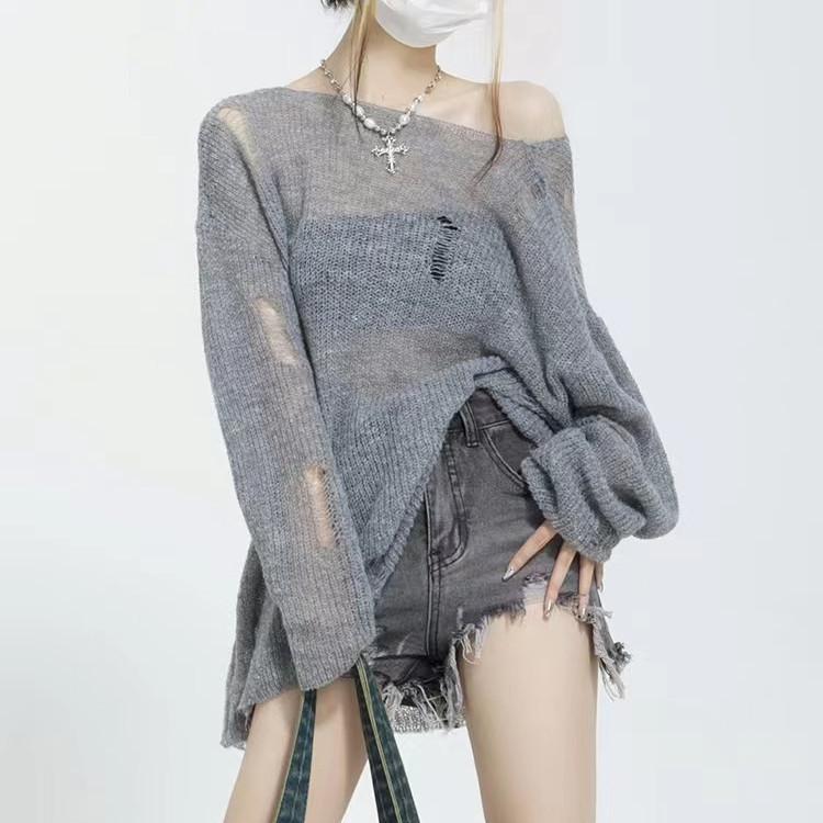 ニット トップス 女性用 春夏 長袖 ワイドシルエット 破れデザイン 薄手 防晒 接触冷感 粘着繊維 ポリエステル ピンク グレー セットイ..