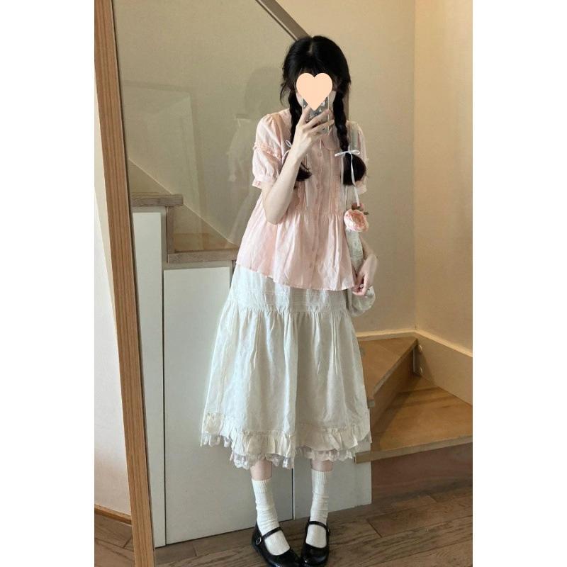 レディース セットアップ トップス スカート かわいい 学院風 ドルマンスリーブ ロングスリーブ ピンク ホワイト ピンク系 白 綿素材 軽量 ゆったり シルエット 気質 通勤 普段使い ビジネス カジュアル セット スカートセット シャツ ブラウス 半