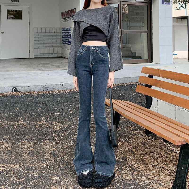 ジーンズ 女性用 秋冬 通勤 気質 ハイウエスト スリム 伸縮性 ロングパンツ ストレート ワイドレッグ 微喇 コットン デニム ブルーグレー ライトブルー ブラック 微弾力 ボタン ウォッシュド 純色 気質エレガント