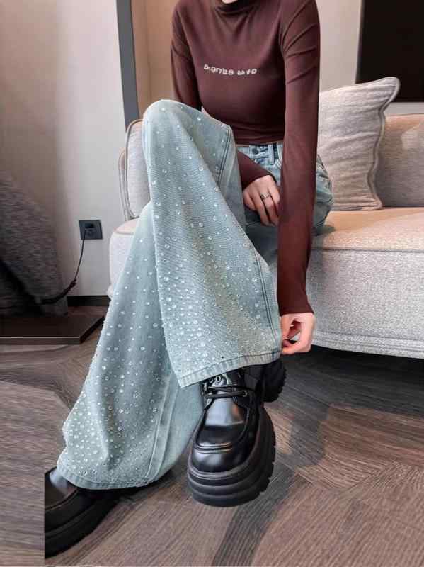 Rakuten - デニムパンツ 女性用 直筒 ワイドレッグ 高腰 ロング丈 ライトブルー 綿素材 通勤 通年使用 気質 ポケット ゆったり 大きめサイズ 梨体型対応 フロア丈 快適 洗い加工