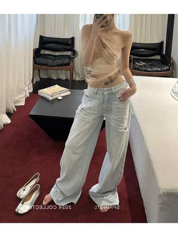 レディース デニムパンツ 浅ブルー 直筒 ロング 薄手 低腰 洗い加工 ダメージ加工 微弾性 ポリエステル混 夏用 軽量 通気性 日韓カジュ..