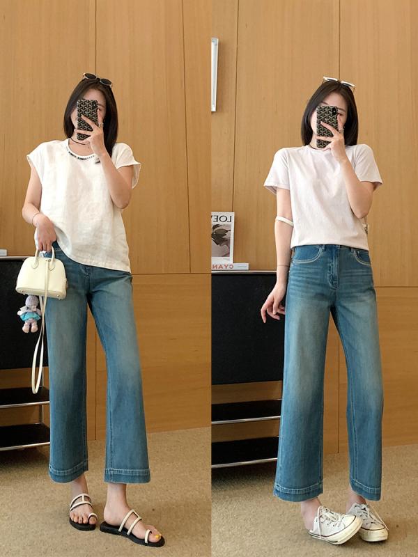 乐天商城 - レディース 牛仔パンツ 九分丈 ハイウエスト 直筒 ワイドレッグ 夏用 綿混 ポリエステル 超薄手 伸縮性 水洗加工 刺繍 ブルー 日韓カジュアル 軽量 通勤 普段使い 接触冷感 吸湿速乾 春夏