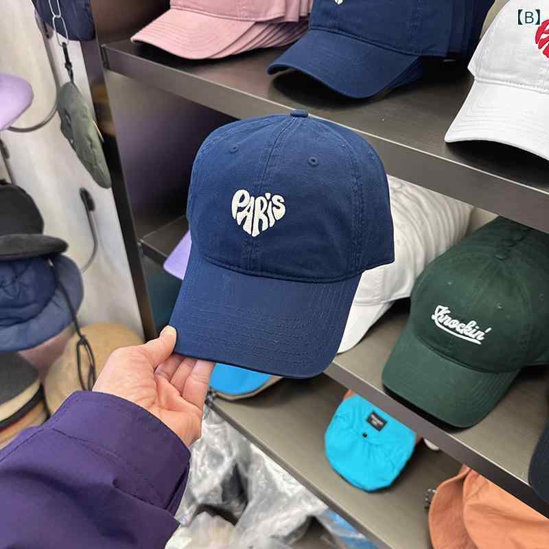 キャップ 女性用 韓国風 棒球帽 鴨舌帽 復古スタイル ハート刺繍 パリプリント 大型頭囲 ソフトトップ 丸頂 曲檐 春夏 綿素材 精梳棉 透気性 速乾 防晒 遮陽 清新 甘美 幾何柄 白色 ネイビー ピンク ブラック ベージュ パープル 54-59cm