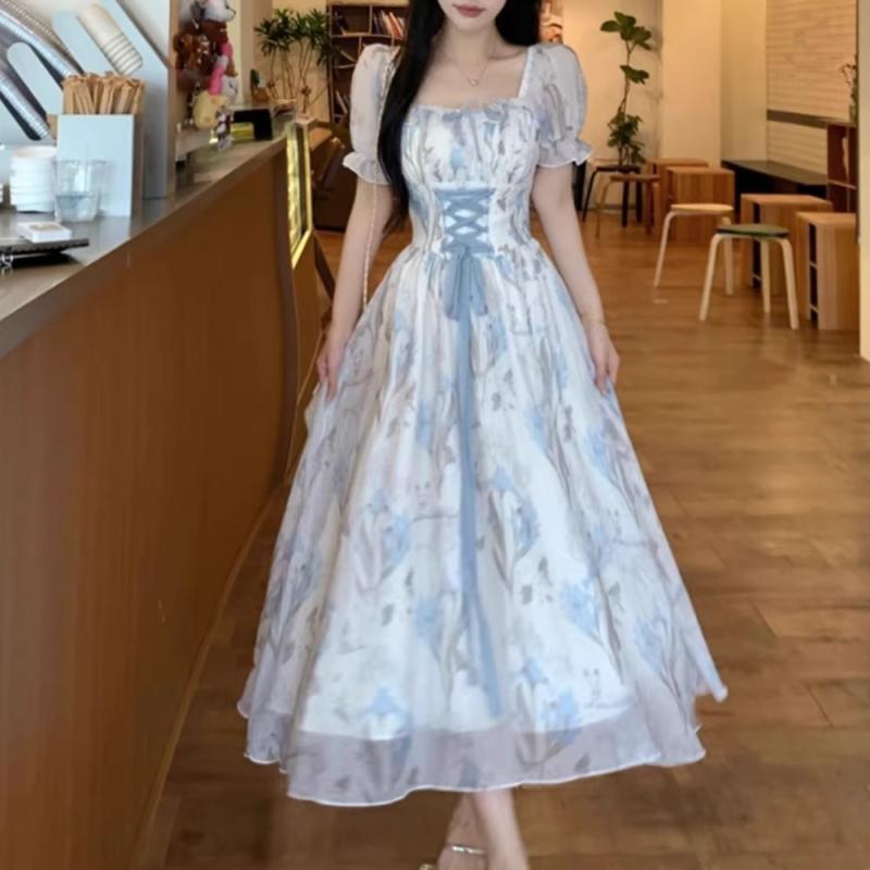 ワンピース 女性用 春夏 フレンチスタイル ウエスト切り替え ロングスカート 藍色 花柄 ポロネック プリンセス袖 七分丈 ミディ丈 軽量 PVC混 吸湿速乾 伸縮性 スリムフィット 系帯デザイン かわいい 復古風 カジュアル 普段使い 通勤