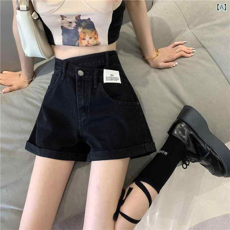 ショートパンツ 女性用 夏 高腰 デニム コットン ポリエステル ワイドレッグ クロップド ミディアム丈 ラッパー型 水洗加工 ジッパー ボタン ブラック ブルー 気質 通勤 普段使い 伸縮性 吸湿速乾 軽量 スリム効果 百搭 韓国風 デザイン シック