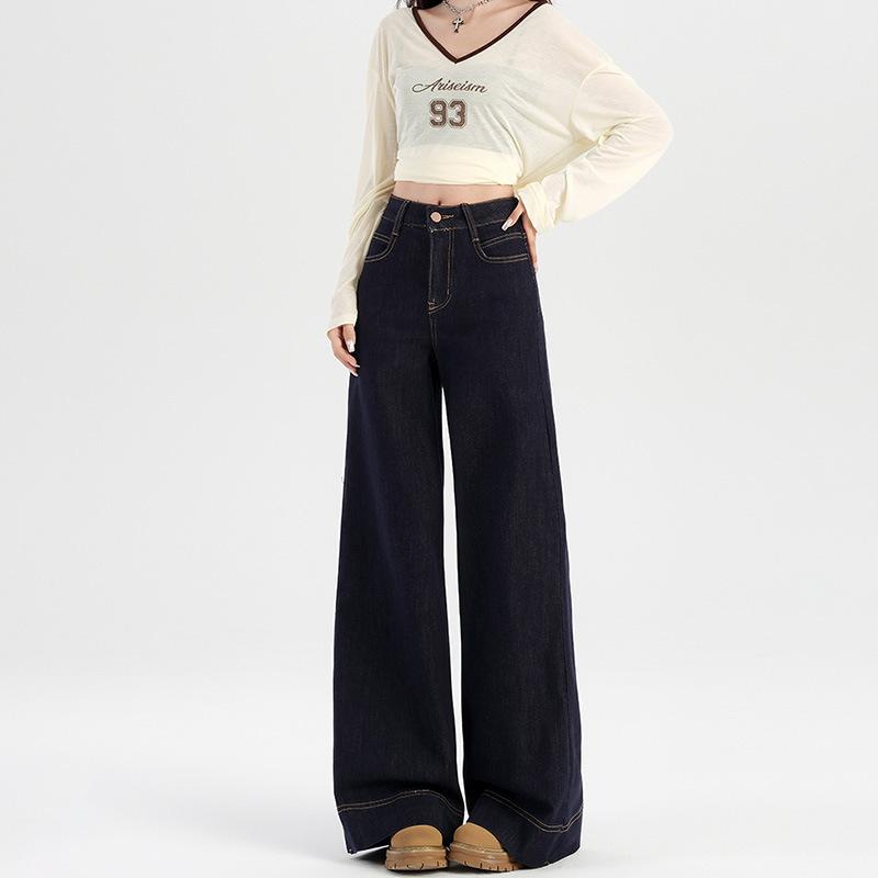 デニムパンツ 女性用 秋 デニムブルー コットン 素材 ハイウエスト ワイドレッグ ロング丈 ストレート シルエット スリム効果 ジッパー ラグジュアリーフィット 快適 普段使い 軽量 伸縮性 吸湿速乾 デイリー ファッション 韓国風 トレンド スタイル