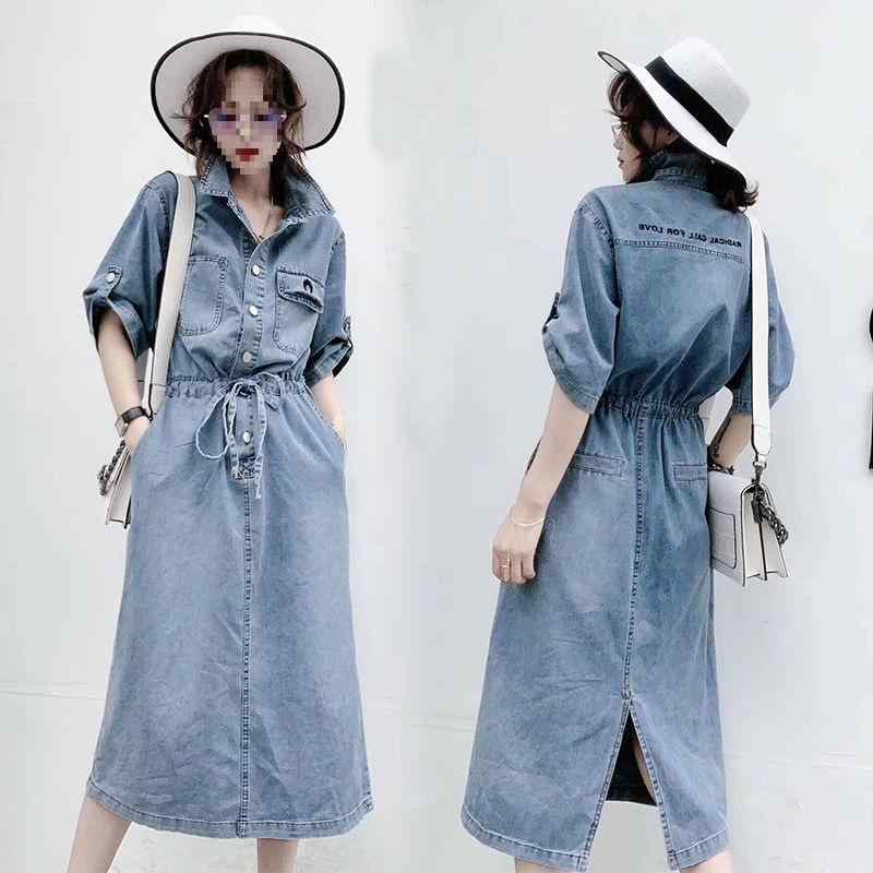 ワンピース レディース 収腰 牛仔 デニム Aライン 中長丈 シャツワンピース 七分袖 POLOカラー 系紐 刺繍 単品 長丈スカート 春夏 薄手 軽量 伸縮性 接触冷感 PVC混紡 再生繊維 切り替えデザイン シンプル かわいい 普段使い 通勤 通学