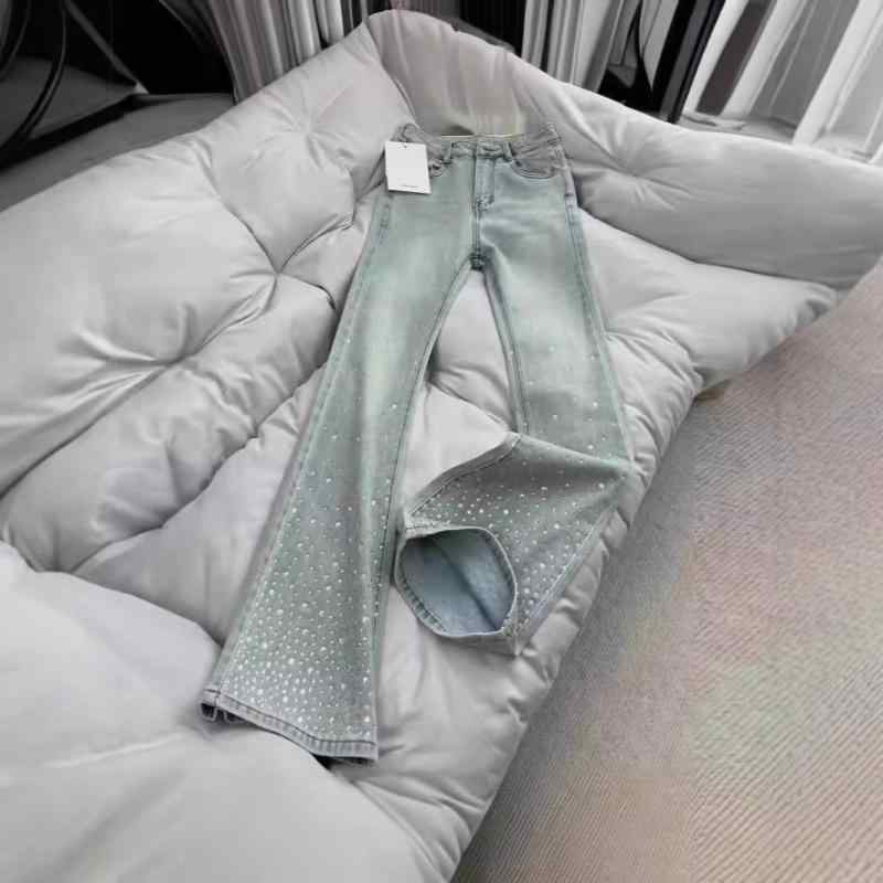 Long Pants - 牛仔パンツ ライトブルー ミディアムウエスト ストレート ロング丈 デニム素材 コットン混 ポリエステル混 気質通勤 快適レジャー 基本スタイル 軽量 やり古し加工 細身シルエット ハイウエスト風 普段使い 修身 百搭