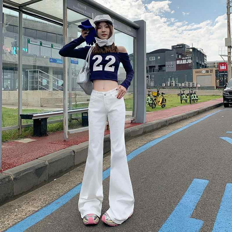 レディース 牛仔パンツ 微喇 ミドルウエスト ホワイト ブラック ロング丈 春夏 通勤用 気質 綿素材 微弾力 切り替えデザイン 普段使い 軽量 伸縮性 ハイウエスト風 ビッグシルエット 接触冷感 吸湿速乾 高級感 カジュアル