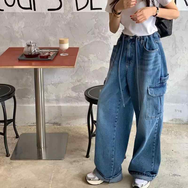 パンツ メンズ レディース ユニセックス 牛仔 デニム ワイドレッグ クロップド ハイウエスト ルーズフィット 工装 ユーティリティ ストレート ブルー コットン ポリウレタン ストレッチ 軽量 吸湿速乾 ポケット マルチポケット ボタン 洗い加工 ビン