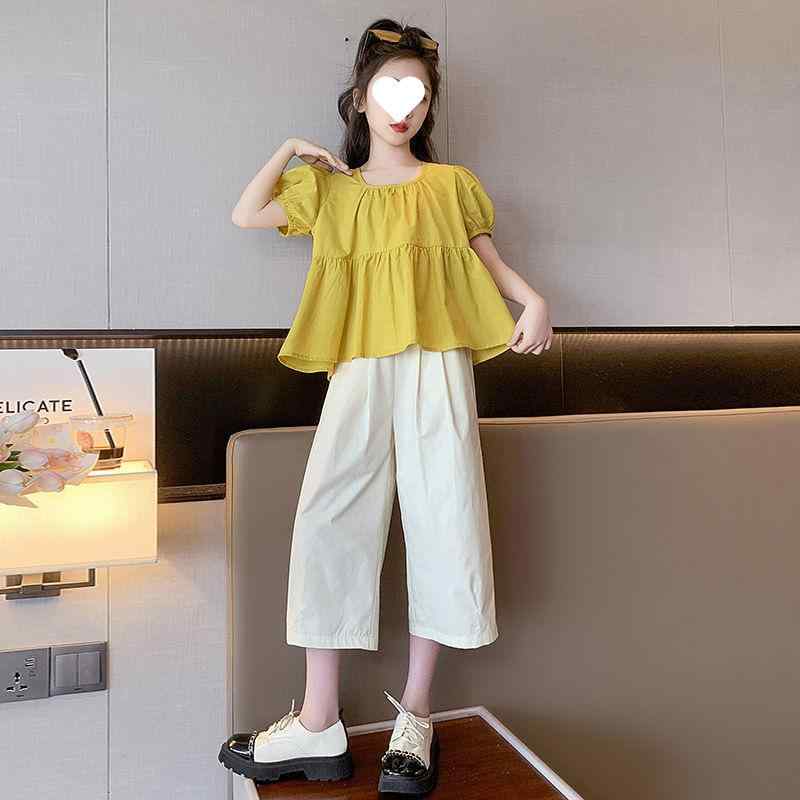 女児 夏服 トップス 七分丈パンツ セット かわいい 韓流 薄手 雪紡素材 ポリエステル混紡 柔らかい ピンク イエロー 純色 短袖 ノーカラー 120cm 130cm 140cm 150cm 160cm 170cm 8歳以上 夏 普段使い 動きやすい