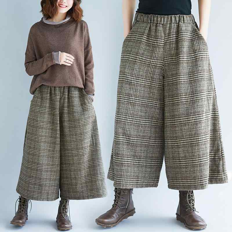 女性用 スカートパンツ チェック柄 コットン混紡 七分丈 ワイドレッグパンツ OL通勤 ポケット付き 切り替えデザイン 気質スタイル 咖色..