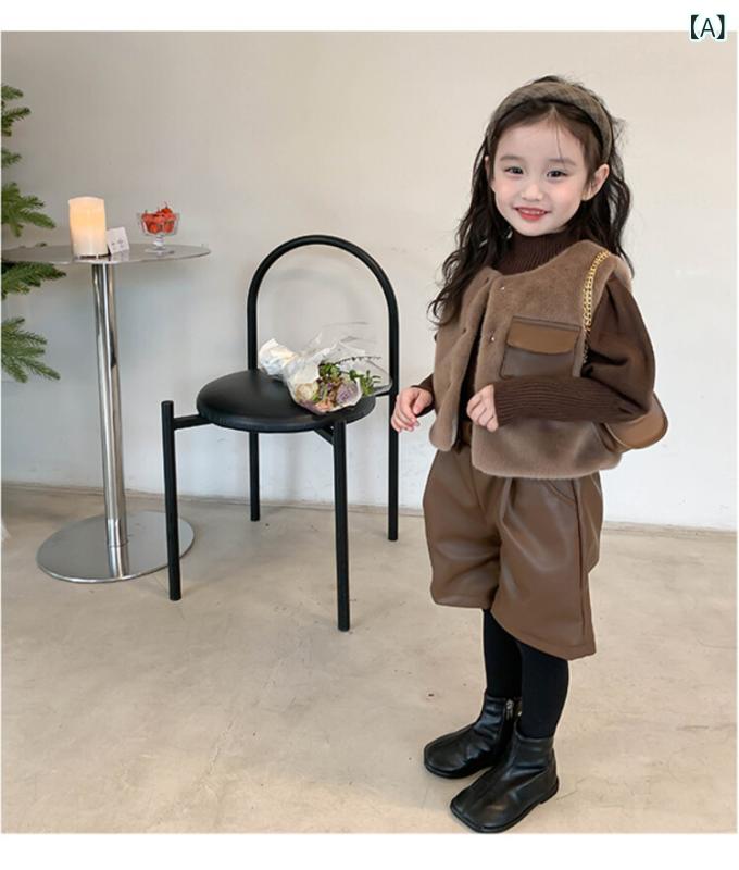 女児 秋冬 服 3点セット 韓系 欧州ミンク調 ベスト 長袖トップス 七分丈パンツ 綿...