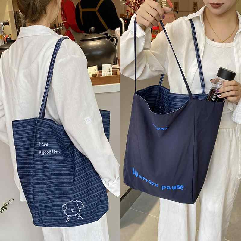 トートバッグ 韓国風 刺繍 プリント 縦型 スクエア キャンバス デニム ナイロン ポリエステル 大容量 肩掛け 斜め掛け ハンドバッグ 縞柄 犬柄 ソフト 日常使い 通勤 普段使い 軽量 春夏