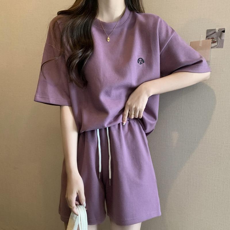 Underwear, Sleepwear - レディース 夏 刺繍 セットアップ 接触冷感 綿 短袖 トップス 切り替え Aライン ワイド レギュラー パンツ 2点セット ブルー ベージュ グレー パープル ピンク 通勤 普段使い かわいい 快適 軽量 吸湿速乾