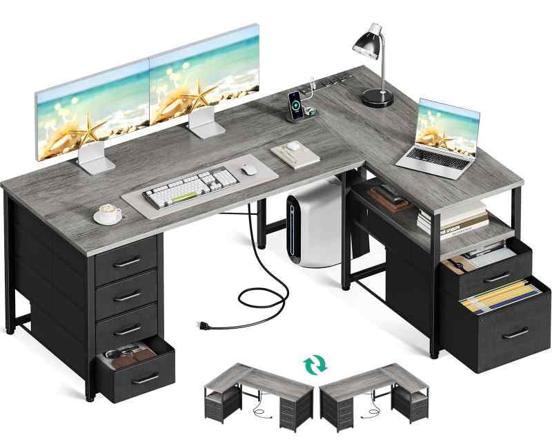 AODK パソコンデスク 引き出し6杯付き ゲーミングデスク コンセント付き l字デスク デスク 机 幅140 pc..