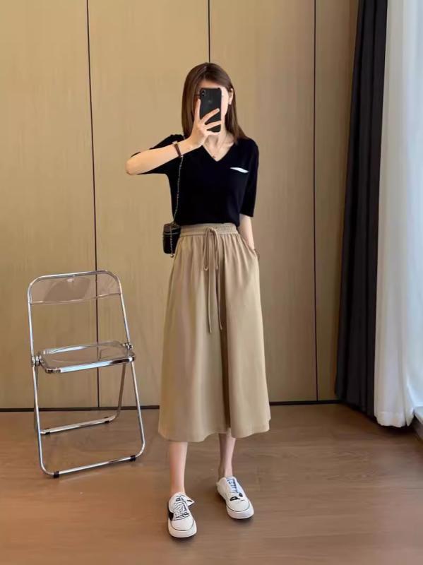 レディース スカートパンツ 夏 春夏 女性用 韓風 学生向け ゆったり スリム ストレート ドレープ ワイドレッグ カジュアルパンツ 高腰 七分丈 薄手 ポケット ポルトラッシュ 微弾性 切り替え 快適 日常使い 部屋着 軽量 再生繊維 ベージュ ブラッ