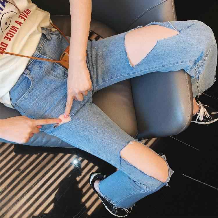 レディース デニムパンツ 女性用 高腰 スリムフィット ストレートパンツ 破れ加工 ダメージスタイル 綿素材 中厚 気質 通勤風 微喇シルエット 長丈 軽量 伸縮性 吸湿速乾 ブルー 春夏 普段使い カジュアル
