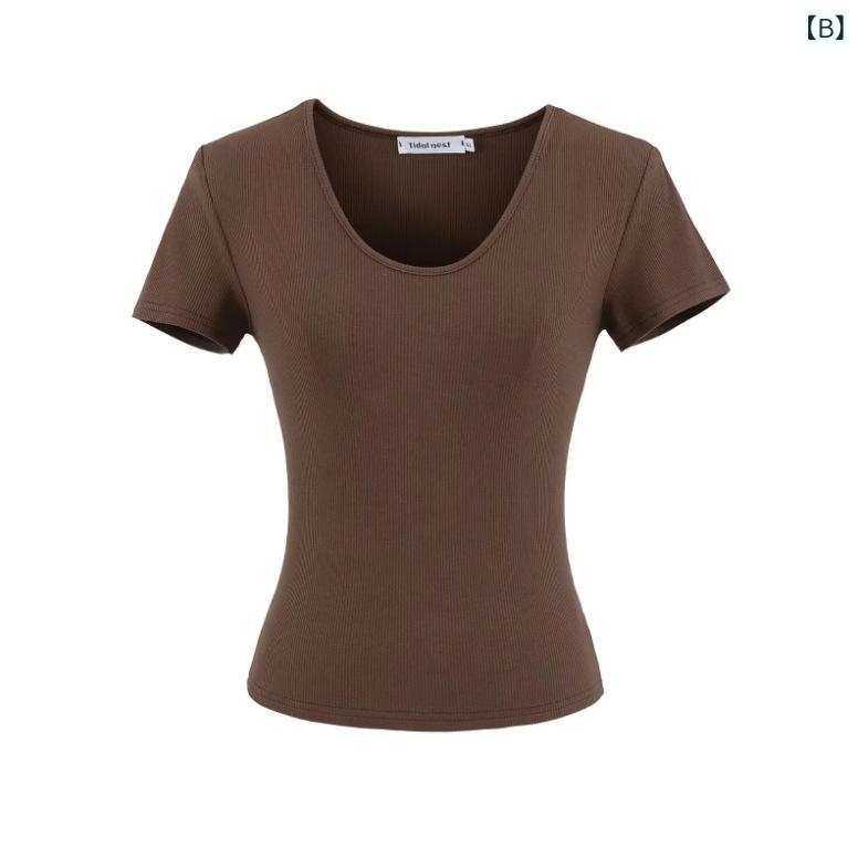 フォークBRのレディース トップス シャツ Vネック 半袖 Tシャツ ショートスリーブ 切り替え 接触冷感 ポリエステル スパンデックス ブラック グレー ブラウン セット パンツ ロングパンツ ハイウエスト ドローストリング テーパード スリムフィット 微喇叭 夏｜アングル3