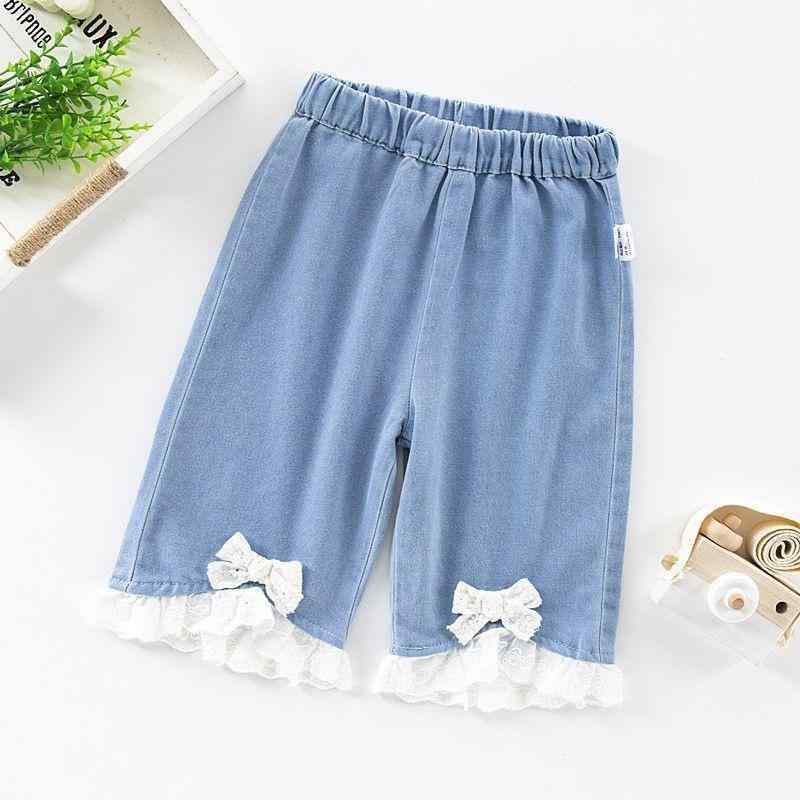 女の子 七分パンツ キッズ 夏用 デニム 牛仔パンツ 薄手 柔らかい リヨセル 90% レース 花辺 蝶結び かわいい 個性 韓国風 ミッドライ..
