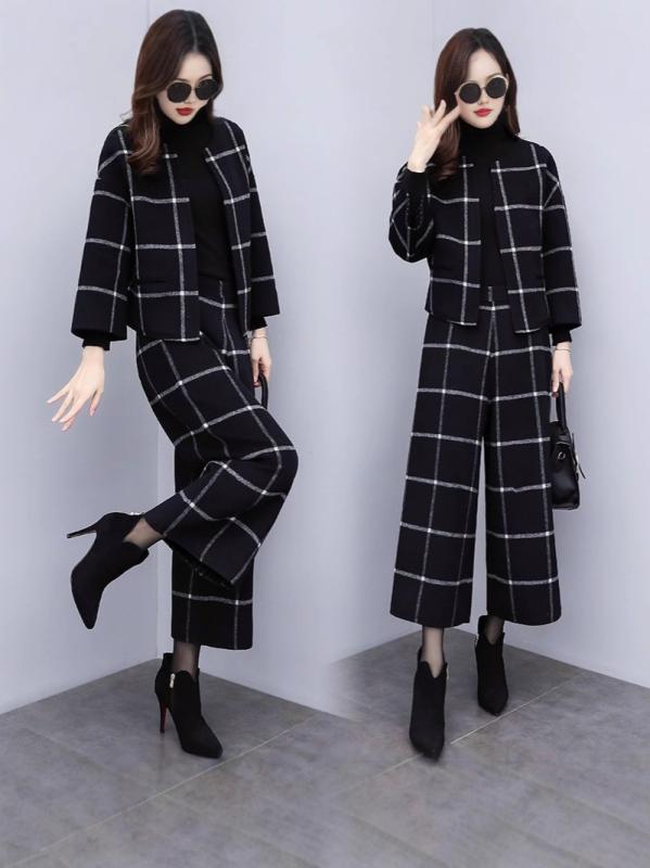 套装 - レディース 春夏 秋冬 セットアップ トップス 外套 ワイドパンツ 格子柄 毛織り セット コットン 混紡 ポリエステル 素材 軽量 伸縮性 吸湿速乾 ポケット プリント 加工 長袖 ハイネック ニット ブラック カラー 九分丈 クリーン スイート プリ