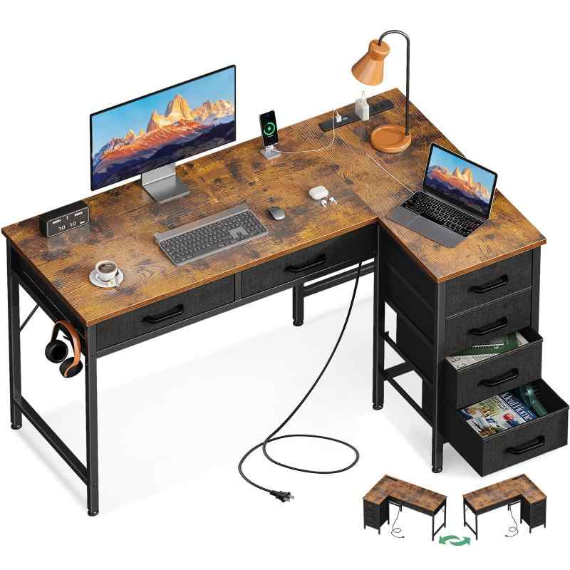 AODK L字デスク パソコンデスク デスク ゲーミングデスク コンセント付き 右棚左棚 PCデスク 引き出し6..