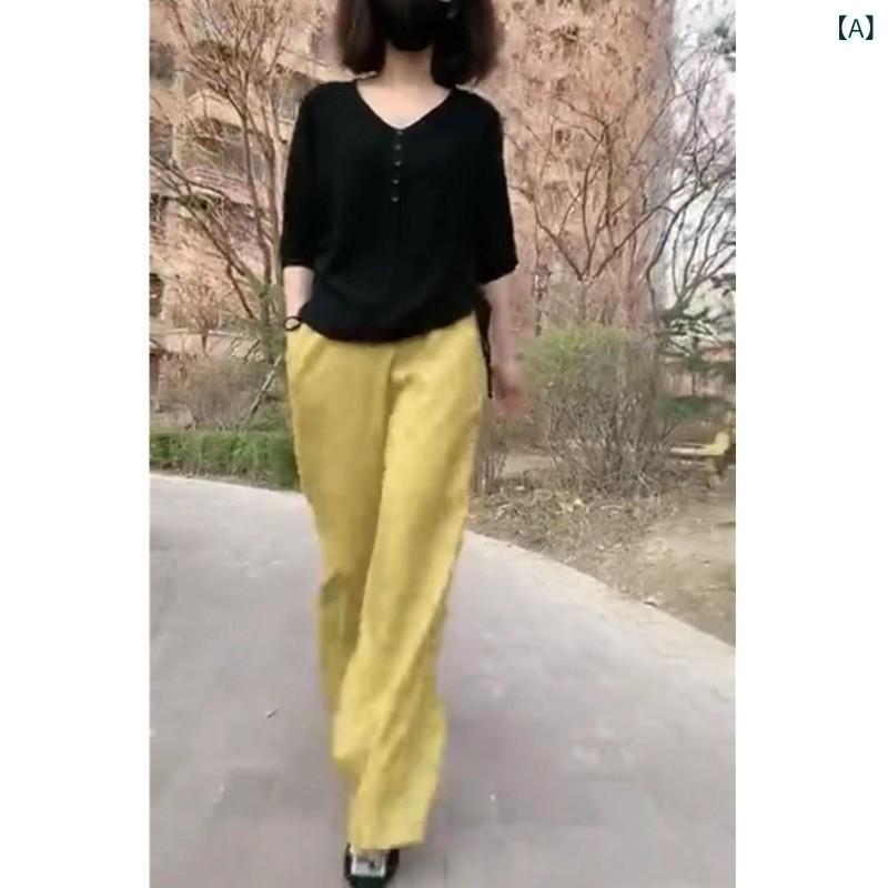 フォークBRのレディース 春夏 セットアップ 黒 ロングスリーブ トップス 黄色 ワイドレッグパンツ 切り替え デザイン ポリエステル 素材 気質 通勤 スタイル 軽量 伸縮性 吸湿速乾 機能 女性 ファッション セット 普段使い 対応｜アングル2