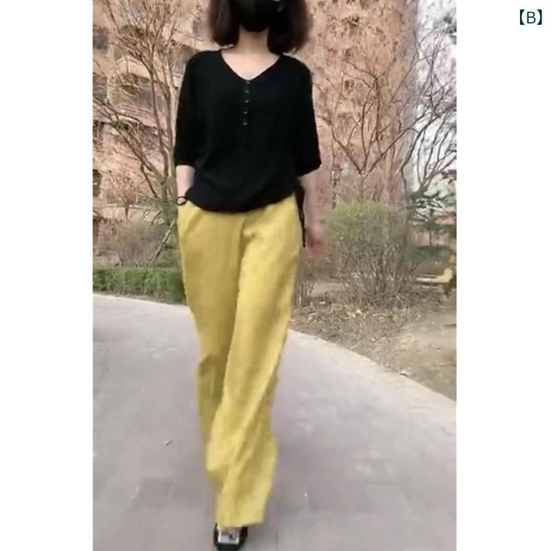 フォークBRのレディース 春夏 セットアップ 黒 ロングスリーブ トップス 黄色 ワイドレッグパンツ 切り替え デザイン ポリエステル 素材 気質 通勤 スタイル 軽量 伸縮性 吸湿速乾 機能 女性 ファッション セット 普段使い 対応｜アングル3
