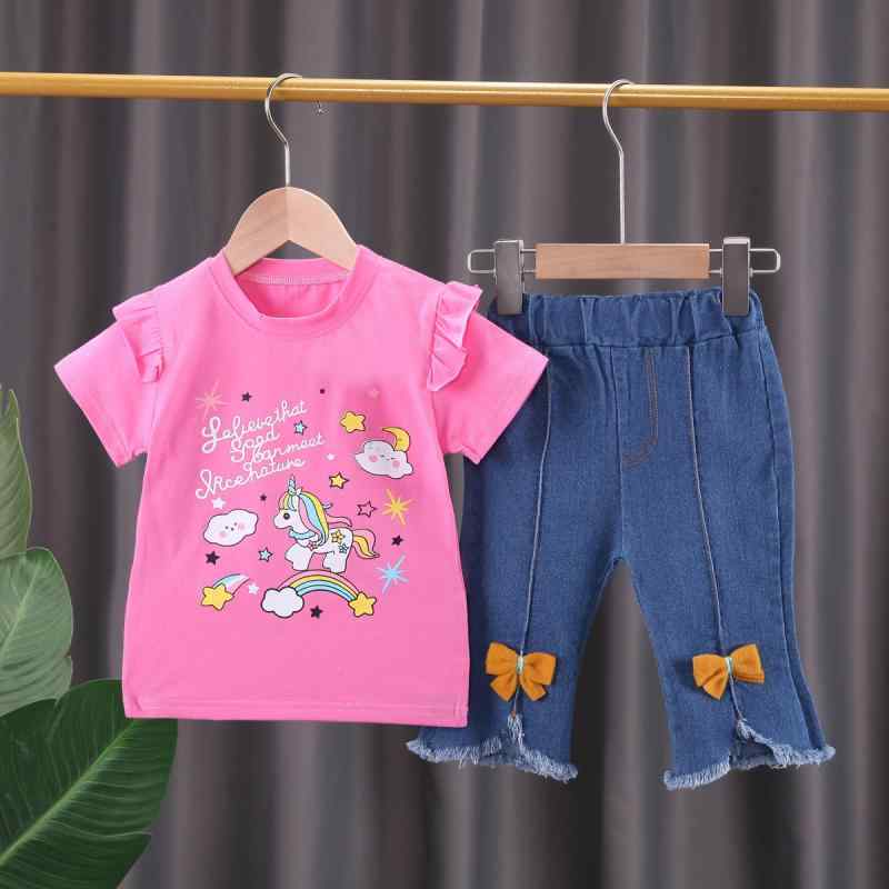 女の子 夏 トップス 七分丈 牛仔パンツ セット 綿素材 柔らかい かわいい 花辺 蝶結び トレンド ピンク グリーン パープル 子供服 3〜8歳 100〜140cm 短袖 セットアップ 日常使い 軽量 吸湿速乾