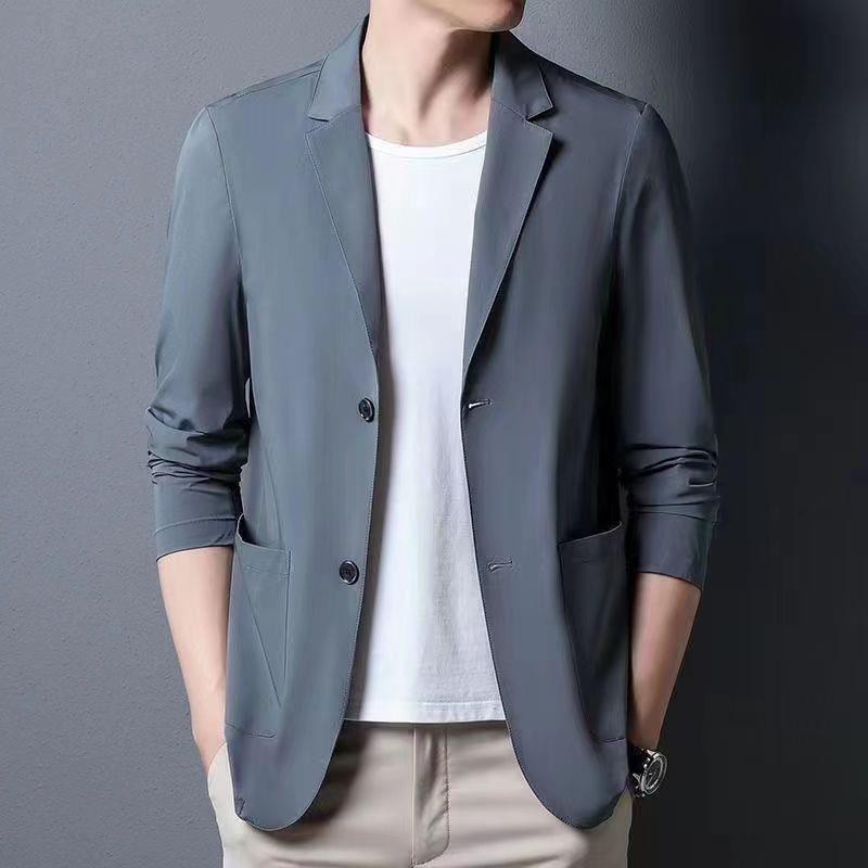 小西装 メンズ レディース 春夏 薄手 純色 ビジネス カジュアル ジャケット 防晒 外套 百搭 韓国風 知性 通勤 気質 スタイル ワイドシルエット 普通丈 翻領 七分袖 ポリエステル 免烫 ブラック ダークグレー ネイビー カーキ シングルブレスト
