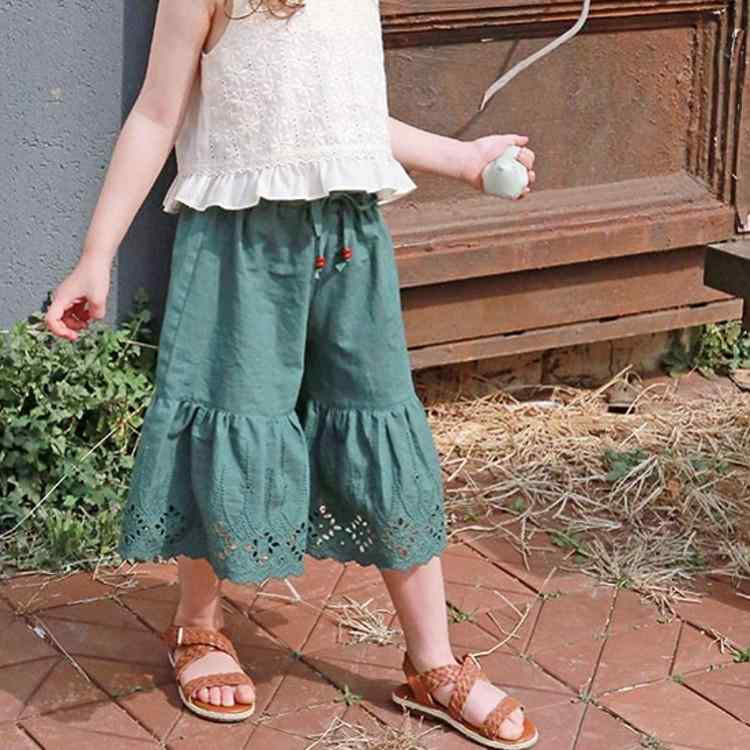 女児 ワイドパンツ 七分丈 キッズ 女の子 夏用 綿 95% 透気 柔軟 加工 緑 杏色 純色 波西ミア 田園 かわいい 花辺 プリンセス トレンド 欧米風 ボヘミアン スタイル 抽繩 ミドルウエスト ゴム腰 軽量 吸湿速乾 普段使い 遊び着 成長対応