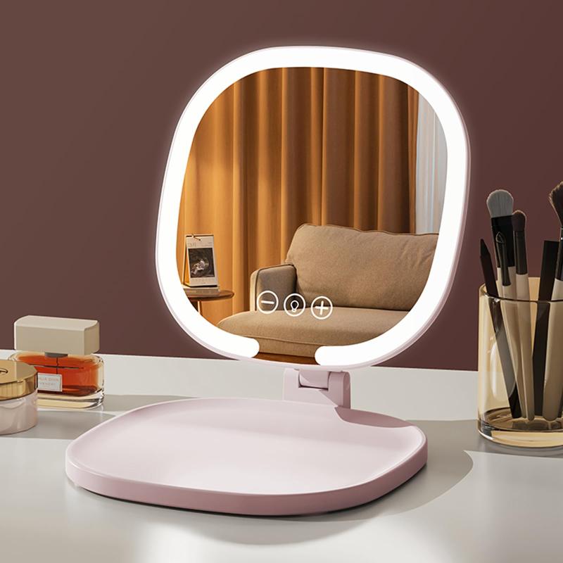女優ミラー 鏡 卓上 折立鏡 折り畳み式 化粧鏡 メイク鏡 LEDライト付き 3光色 無段階調光 角度調整可能..
