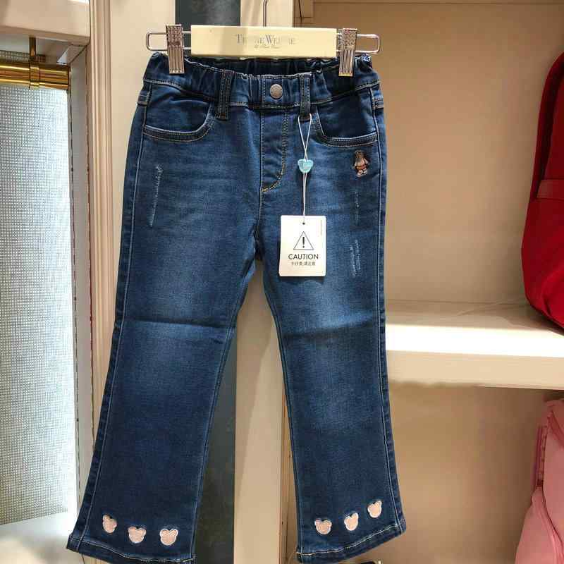 女児用 牛仔パンツ 女の子 秋冬 綿100% 長ズボン 中腰 深ブルー 筒状 フレア ストレート シンプル 無地 普段使い 伸縮性 快適 軽量 通学 遊び着 キッズ 子供服 3-8歳 110-150cm