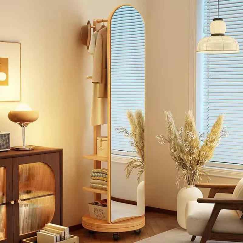 全身鏡 全身ミラー 360度回転 収納付ミラー ミラーラック 木製 木目調 ハンガーラック付き ハンガーフ..