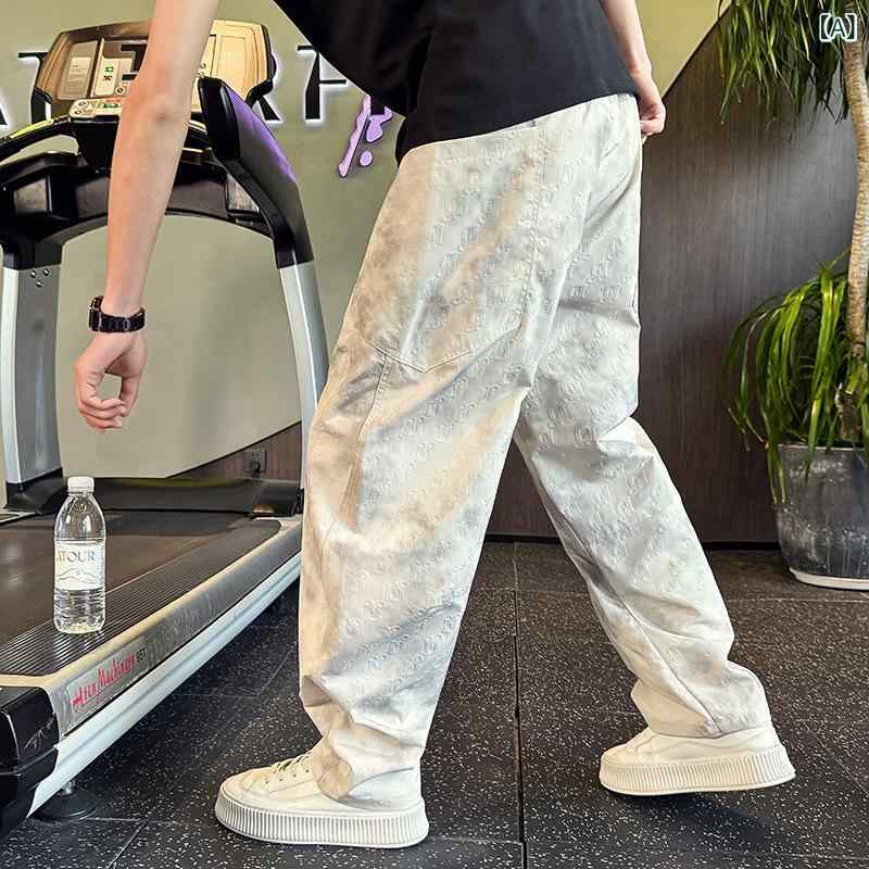 メンズ 直筒パンツ 春夏 薄手 高腰 タイダイ 迷彩柄 米色 伸縮性 スポーツ 普段使い ゆったり ロングパンツ 男性用 クロップドパンツ 軽量 コットン混 ハイウエスト ビッグシルエット カジュアル ストリートファッション アクティブウェア ユニセック