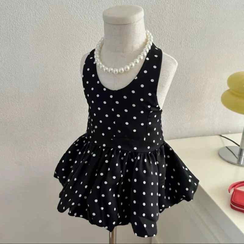 Dresses - キッズ 女の子 春夏 吊り帯 背心 プリンセス スカート ドレス ワンピース トップス かわいい 波点 黒 雪纺 ポリエステル 柔軟 加工 軽量 涼しい 接触冷感 切り替え デザイン 通気性 良い 日常使い 遊び着 女児服 夏用 ガールズ ファッション