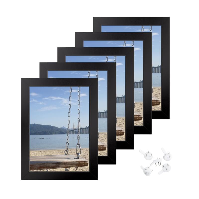 【5枚セット額縁】フォトフレーム, ポストカード額縁，写真フレーム 壁掛け・卓上両用 フォトフレーム 写真・ハガキサイズ フレーム・ポストカード・絵画展示用 すっきりデザイン ブラッ