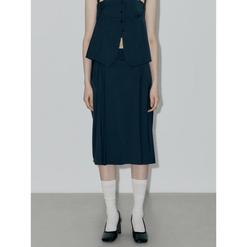スカートパンツ 女性用 春夏 韓国風 ゆったり ワイドレッグ 七分丈 ハイウエスト プリーツ 気質 通勤 普段使い 軽量 ウール素材 無弾性 濃紺 ゆったりシルエット 高温定型加工 伸縮性なし 接触冷感 吸湿速乾 カジュアルスタイル 再生繊維 ビッグシル