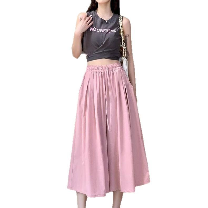 レディース スカートパンツ 七分丈 ワイドレッグ 高腰 夏 涤綸 ポリエステル 再生繊維 微弾力 直筒型 薄手 垂感 軽量 快適 日常使い クロップドパンツ ゆったり シルエット モカ 色 カーキ 色 ブラック ピンク 韓国風 休闲