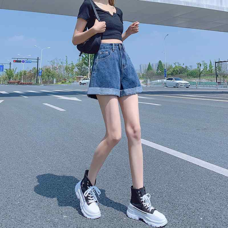 牛仔ショーツ レディース 夏 春夏 女性用 半ズボン 3分丈 高腰 膝上丈 デニムパンツ 綿素材 切り替えデザイン ワイドレッグ ゆったりシ..